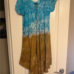 Blue Tie-Dye Dress with Lace-Up Detail